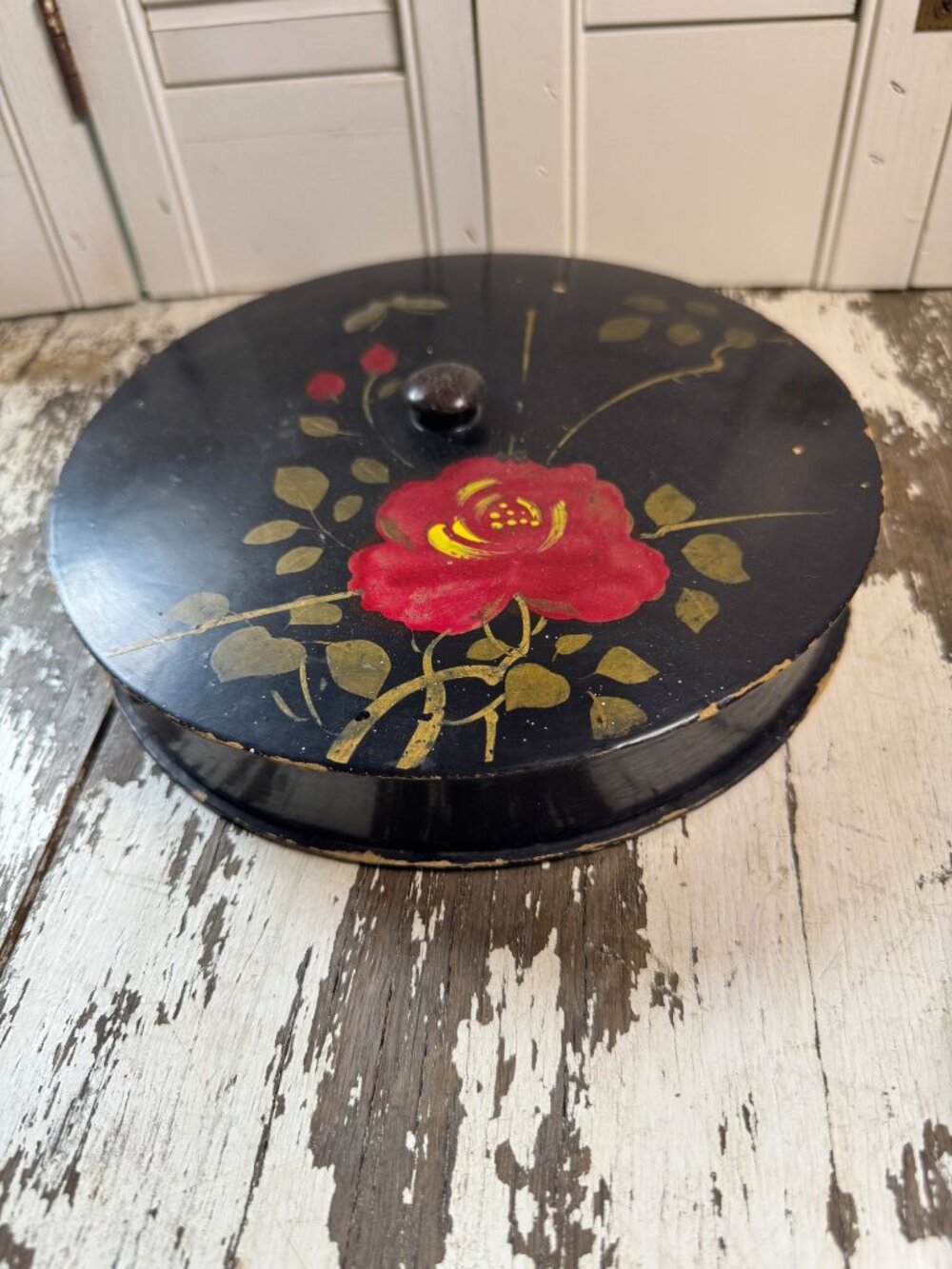 Vintage Made in Japan Black Floral Round Decorative Box
